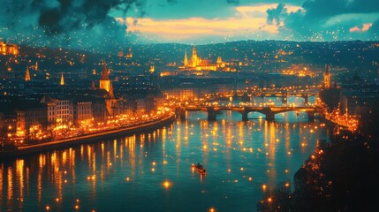 Fototapeta premium Prague at Dusk, a City Illuminated