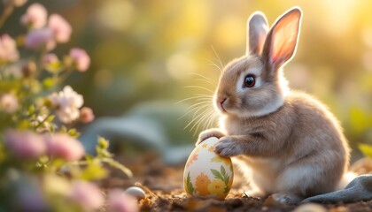 Fototapeta premium Adorable Easter Bunny with Decorated Egg in Spring Garden - Stock Photo
