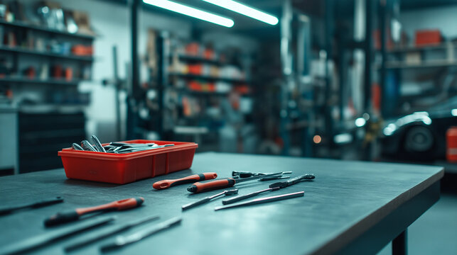 A close-up of a workbench in an auto repair shop, covered with screwdrivers, pliers, and an open toolbox, with a car lift and parts shelves in the background