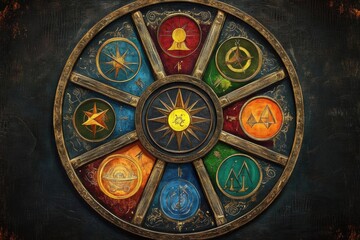 Obraz premium The Mystic Wheel of Ancient Symbols: Unveiling the Secrets of the Cosmos