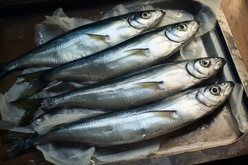 Obraz premium Four fresh fish lying on ice in metal tray ready for cooking