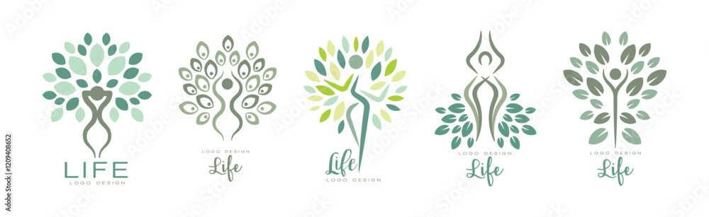 Poster life logo design with root and tree crown vector set