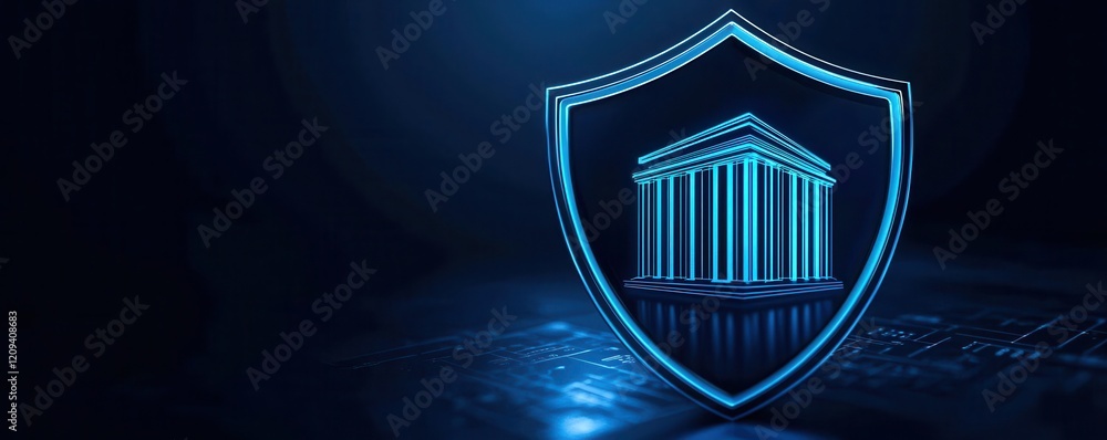 Poster a digital shield design featuring a classical building, symbolizing security and protection in a mod