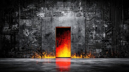 Fototapeta premium A glowing doorway filled with bright orange flames stands in the center of a dark, grungy industrial wall with pipes and a reflective concrete floor.