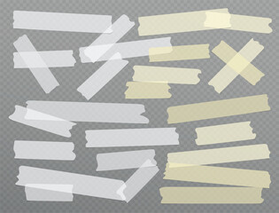 Colorful different size adhesive, sticky, masking, duct tape, paper pieces are on dark squared background