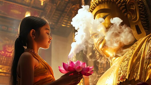 Young girl offering a lotus flower to a golden Buddha statue in a temple with incense smoke rising
