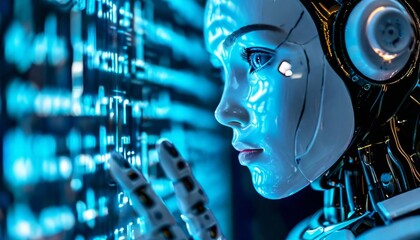 Humanoid robot processing digital data, engaging with holographic interface and advanced computational systems in high tech workspace