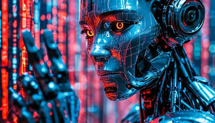 Humanoid robot with luminous eyes analyzing digital data stream, representing advanced artificial intelligence processing complex technological information