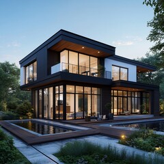 Fototapeta premium Modern two-story house with large glass windows and pools surrounded by trees at dusk