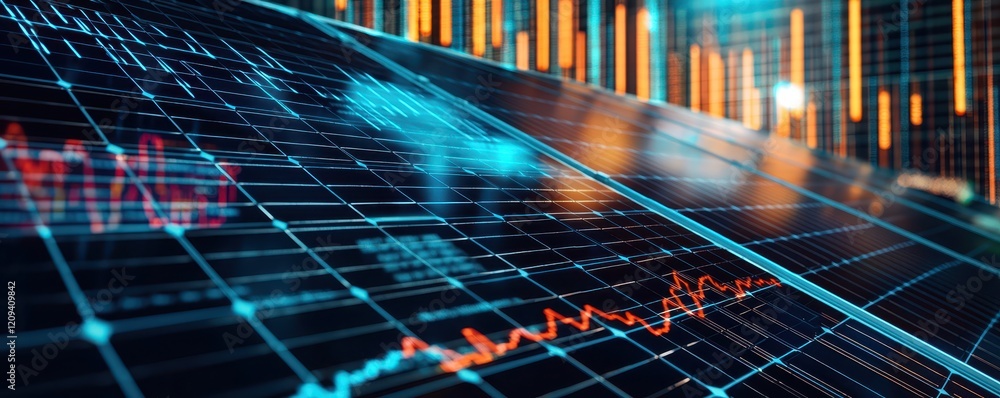 Poster a dynamic digital graphic showing financial data trends, with vibrant color-coded graphs and lines i
