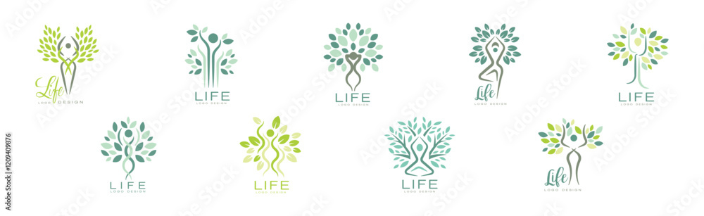 Poster life logo design with root and tree crown vector set