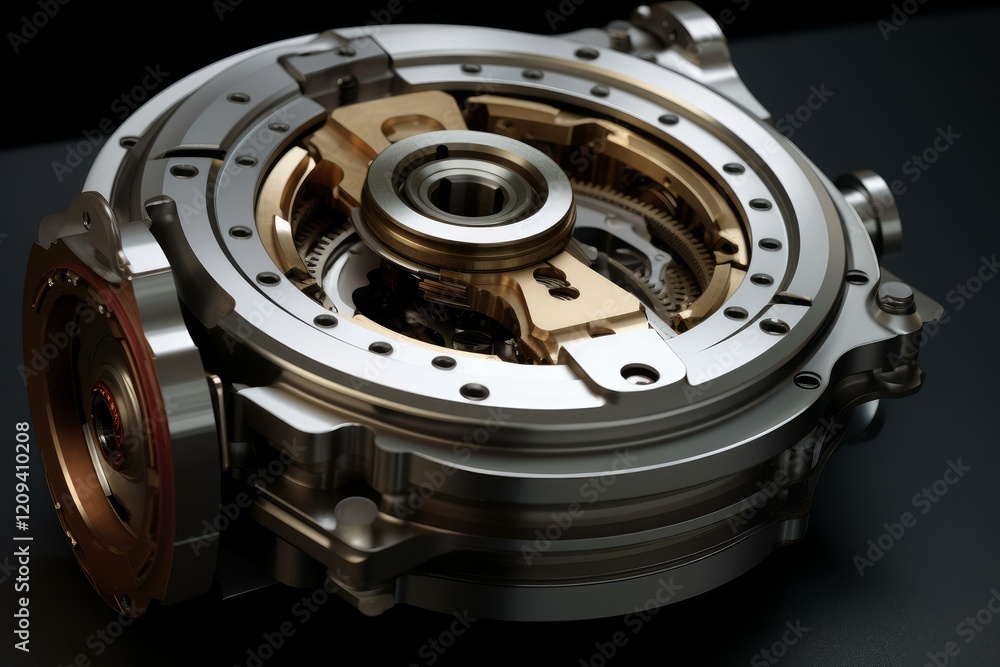 Poster close up of a complex clockwork mechanism rotating, showcasing its intricate gears and precision eng