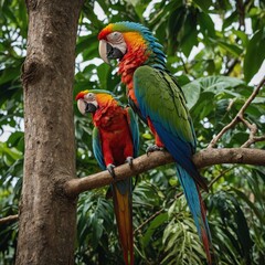 Obraz premium brightly colored parrot on a branch in a tropical forest blue and yellow macaw, parrot, bird, nature, greenery A pair of colorful macaws perched on a tree branch, surrounded by lush greenery.