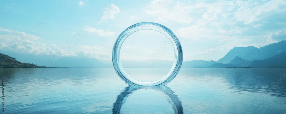 Poster transparent circular ring hovering over calm water surface, creating a surreal gateway effect in a s