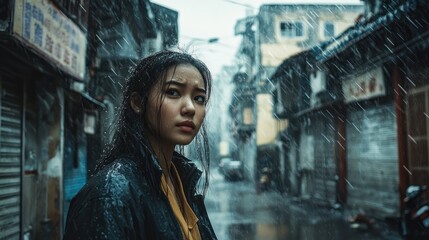 Fototapeta premium Rainy Day in the City: A Woman's Journey