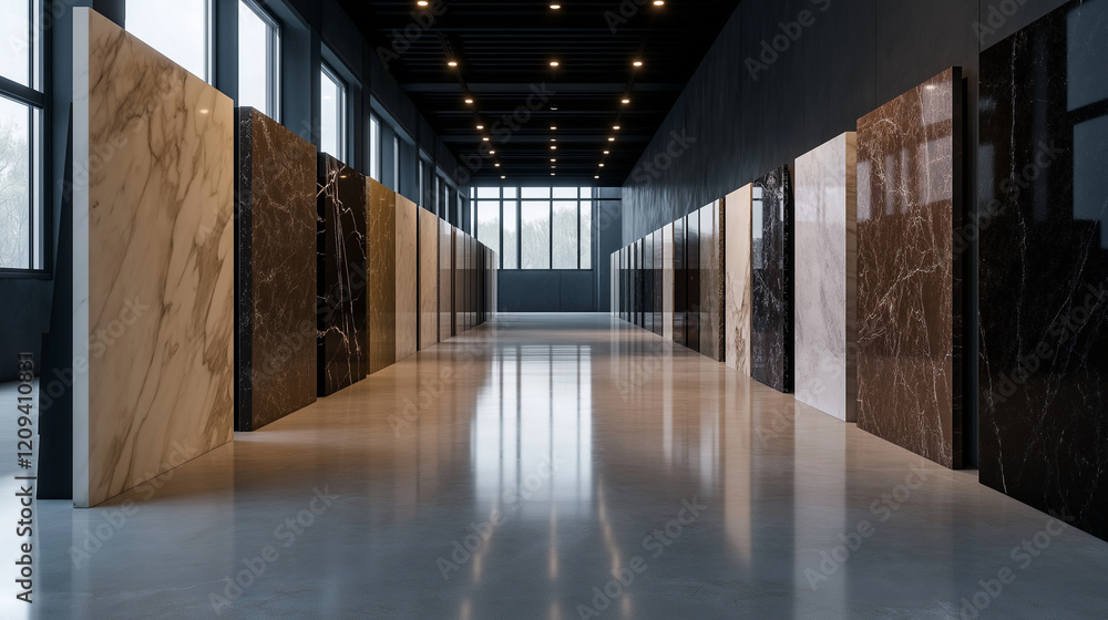 Poster rows of marble slabs with various textures, from glossy to matte finishes, neatly displayed in a mod