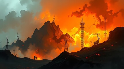Fototapeta premium illustration of climate change. Global Warming and Pollution Concept - Sustainability. forest fires, the earth dries up