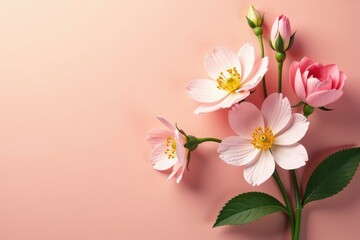 Fototapeta premium Floral bouquet on a soft peach background with delicate petals and greenery, floral pattern, peach background