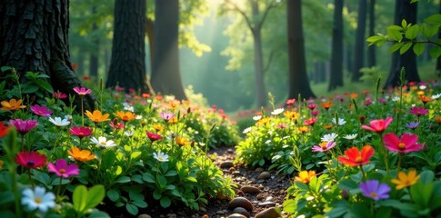 Obraz premium Forest floor carpeted with vibrant wildflowers, forest landscape, woodland floor