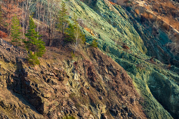 Obraz premium Slope with rocks and minerals of different colors. Slope of an old quarry, overgrown with trees