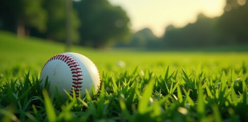 Forgotten baseball rests in tall grass of small ballpark, green, stadium