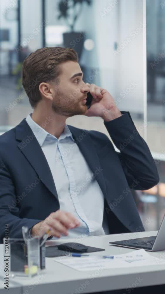 Poster Vertical Screen: Man Discussing Project Details on Phone Call while Reviewing Information on a Laptop Computer Screen. He Multitasks Productively, Balancing Call and Online Work in a Modern Office