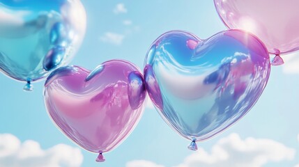 Colorful heart-shaped balloons float gently in the clear sky, creating a whimsical atmosphere full of joy and celebration near a sunlit horizon