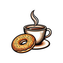 Design a vector icon of a bagel with a coffee cup. The bagel should be round and have a small bite taken out of it. The coffee cup should be filled with coffee and have steam rising from it.