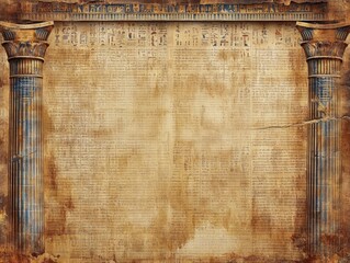 Ancient Egyptian Papyrus Scroll with Hieroglyphics and Pillars