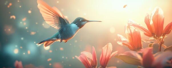 A tiny hummingbird hovering in front of a flower, its wings beating so fast they are almost invisible.