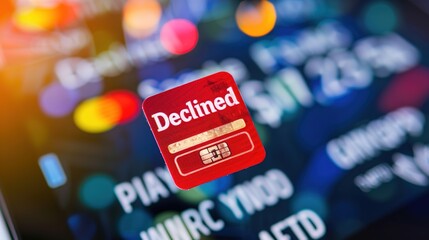 Credit card with red declined stamp on digital transaction screens, symbolizing payment fraud and financial security risks in online transactions.