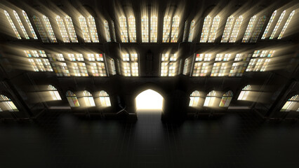 3d Illustration of a gothic building with god rays shining through the windows
