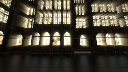 3d Illustration of a gothic building with god rays shining through the windows
