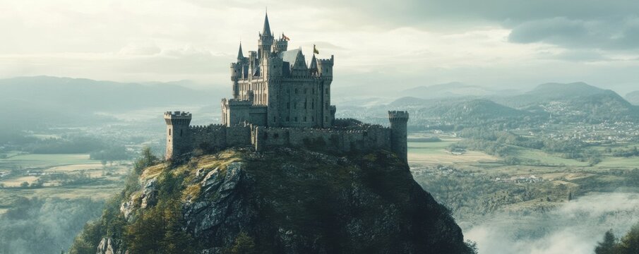 A majestic castle perched atop a rocky crag, its turrets and battlements overlooking the surrounding countryside.