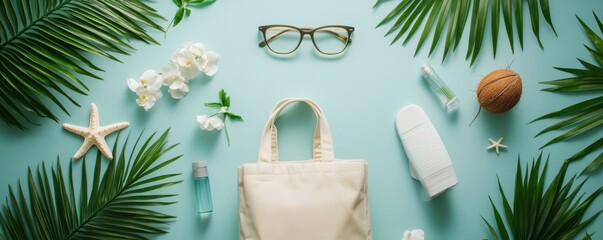 Transport yourself to sunny realm of summer relaxation with top view scene: glasses, beach bag, flip-flops, sunscreen, shell, starfish, palm leaves, coconut, flowers. Sandy shore, space for text