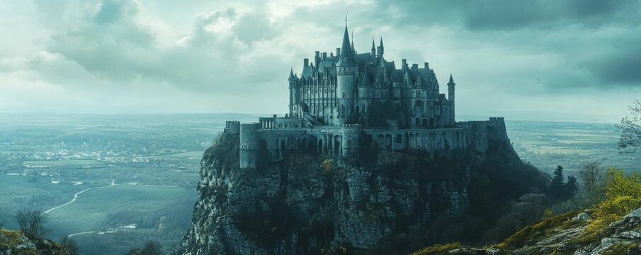 A majestic castle perched atop a rocky crag, its turrets and battlements overlooking the surrounding countryside.