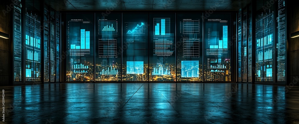 Poster futuristic office with large windows displaying data visualizations and city skyline at night.