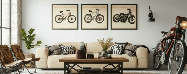Round wooden coffee table near beige sofas against white wall with posters. Scandinavian style home interior design of modern living room.