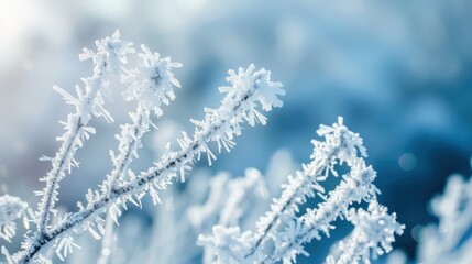 Obraz premium Frosty Branches Covered in Beautiful Ice Crystals Under a Glimmering Winter Sun in a Soft Blue Background