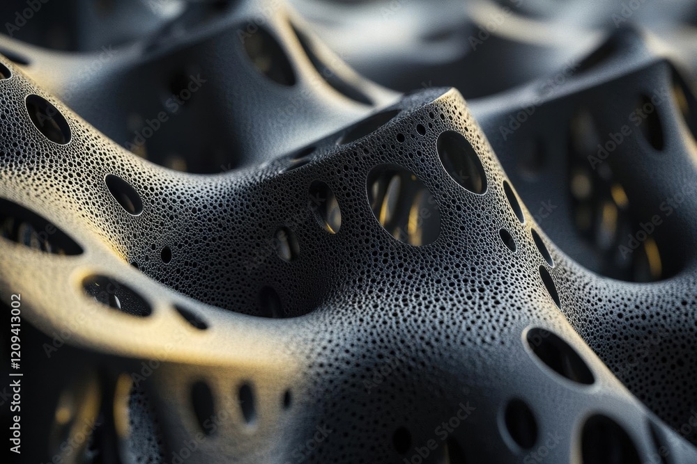 Poster abstract black 3d surface with holes and circular patterns
