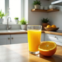 Fototapeta premium Glass of freshly squeezed orange juice on a wooden table in a bright and airy kitchen, morning, dining