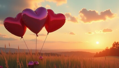 Fototapeta premium Lovely Sunset Scene: Heart-Shaped Balloons Float Against Golden Sky
