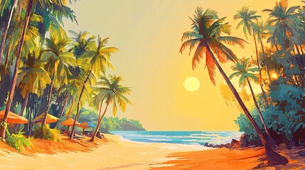 Obraz premium Serene Tropical Beach at Sunset with Palm Trees and Golden Sands