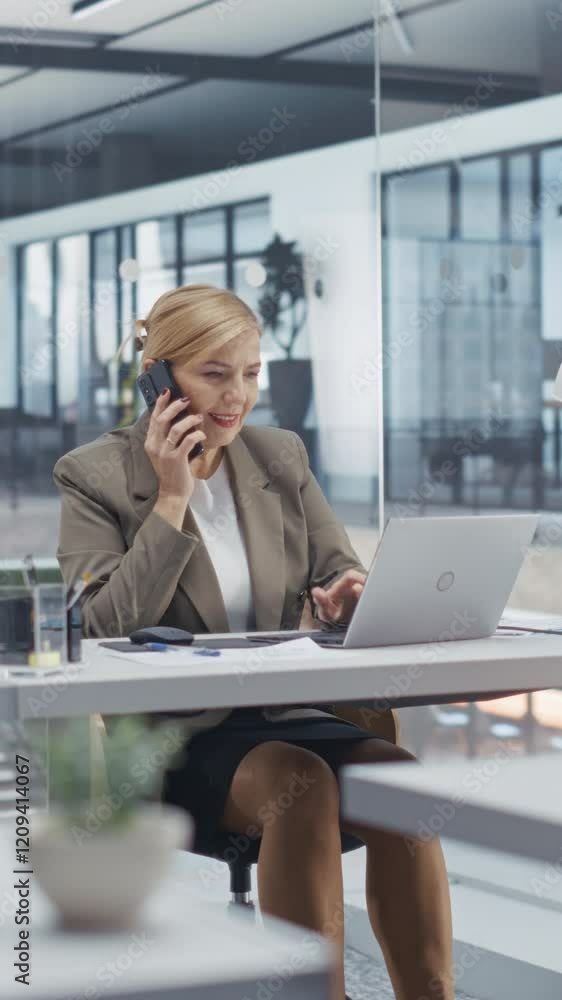 Poster vertical screen: professional female business development manager having a phone conversation with a