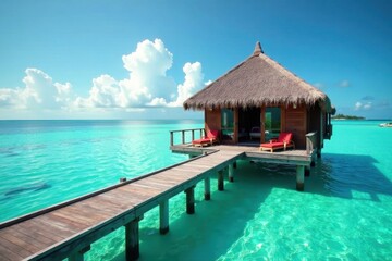 Fototapeta premium Green lagoon with water steps leading to luxurious overwater bungalow in tropical setting, natural surroundings, tranquility