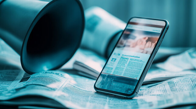 A close-up of a smartphone screen with a breaking news banner, leaning against a megaphone surrounded by folded newspapers, capturing the essence of digital journalism