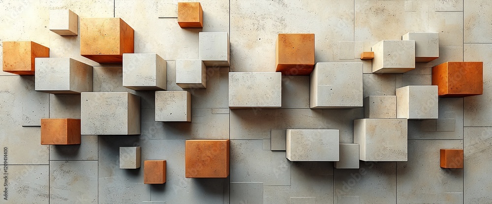 Poster Abstract orange and beige cube pattern on tile background.