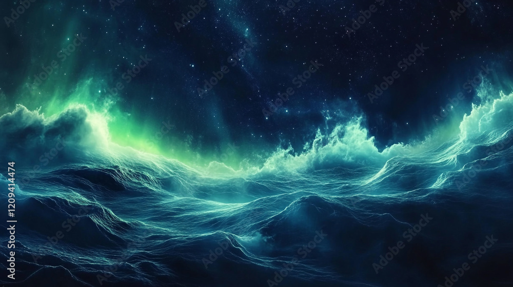 Poster an enchanting windows desktop background featuring a mesmerizing aurora of green and blue lights gra