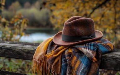 A chic felt hat and a plaid scarf displayed on a rustic wooden surface, styled for a cozy autumn vibe