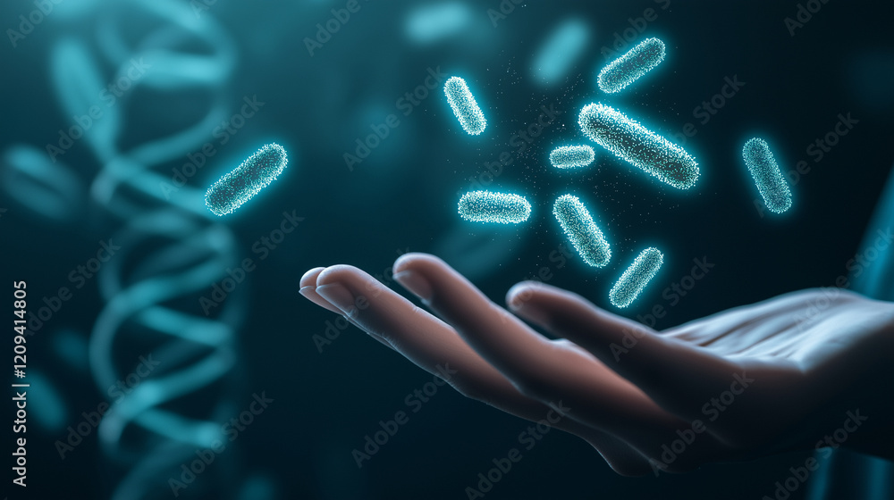 Poster a glowing digital representation of bacteria hovering above a hand, with dna strands and nutritional